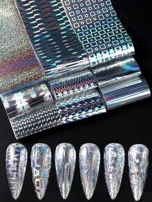 FULL BEAUTY 10片全息银色美甲贴纸，彩虹几何极光激光美甲装饰膜