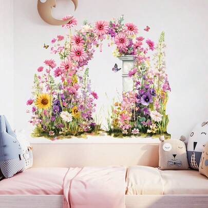 1pc Elegant Floral Wreath & Butterfly Faux Stone Wall Decal, Suitable For Living Room, Bedroom Decor