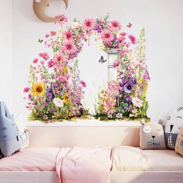 1pc Elegant Floral Wreath & Butterfly Faux Stone Wall Decal, Suitable For Living Room, Bedroom Decor