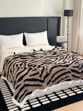 1pc Camel Zebra Striped Contrasting Black Camel Jacquard Thick Blanket, Cover Blanket, Suitable For Napping, Camping, And All Season Use
