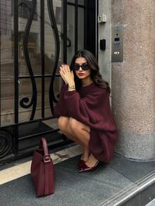 Áo len nữ dáng rộng cổ tròn, kiểu dáng tối giản, màu trơn, phong cách retro, hoàn hảo cho năm mới, Giáng sinh và Ngày Valentine. - Màu đỏ - Xem 7