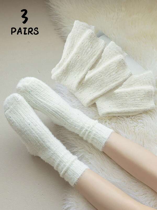 3 Pairs Women's Polka Dot Mesh White Socks, Simple Versatile Plush Sleep Socks, Thick Warm Floor Socks For Autumn/Winter