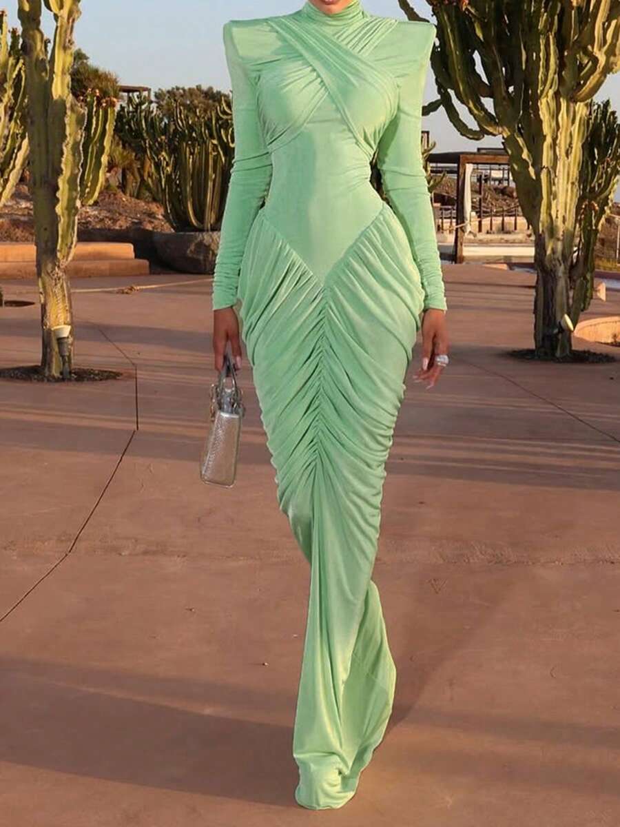 New High Neck Fitted Sexy Backless Solid Color Dress, Green, Elegant Dress Suitable For Party Wear Spring - Green - View 1