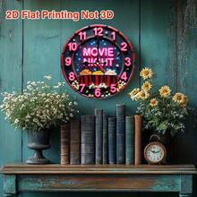 1pc 9. 8-Inch Silent Non-Luminous Wall Clock - Movie Night Theme With Neon Text & Popcorn Design, Artificial Wood Quartz Battery Operated (AA Not Included) For Living Room, Bedroom, Home Theater Decor, Bedroom Timepiece, Small Wall Clock For Living Room, 2D Flat - Wooden Wall Clock - View 4