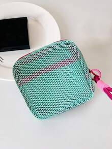 Women's Square Mesh Cosmetic Bag Dopamines Color Toiletry Organizer With Removable Handle And Zippered Closure For Travel - 淺綠色 - 查看 4