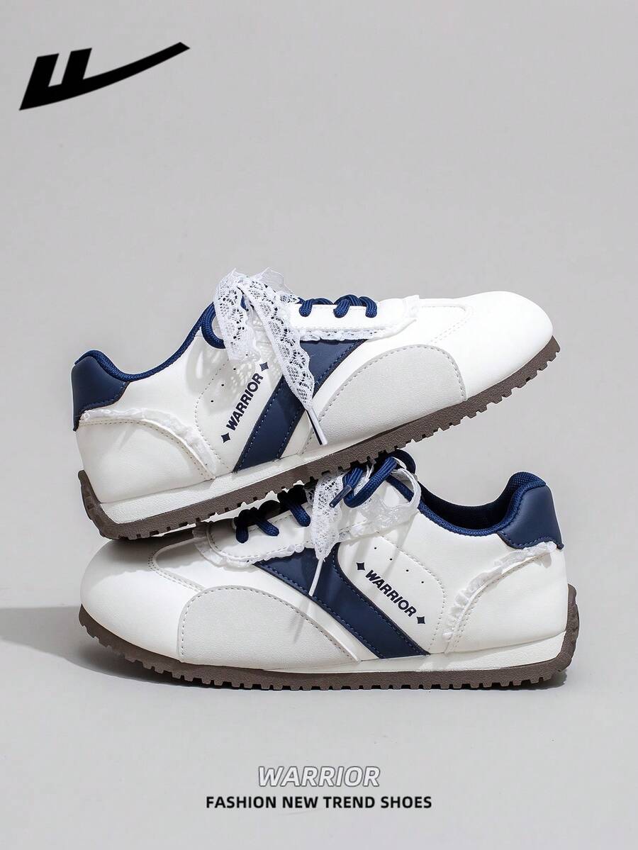 1 Pair WARRIOR Women's Thick Sole Lace-Up Soft Bottom Casual Shoes, Low-Top Outdoor Flat Shoes, Round Toe Low Heel Non-Slip Solid Color Elegant Soft Bottom Hiking Shoes, Suitable For Students, Graduation Photos, Flat Shoes, Women Leather Skate Sneakers - Beige/Gray/Dark Blue - View 1