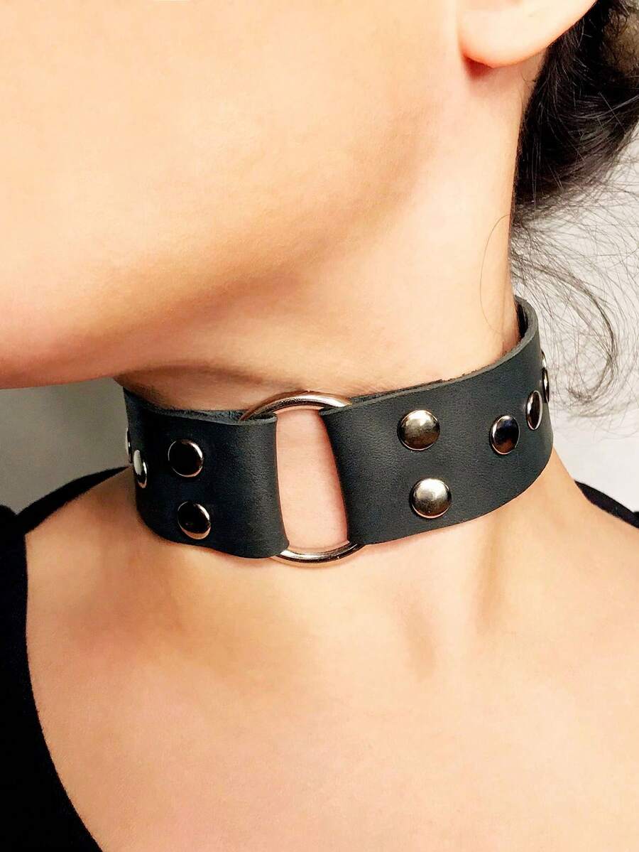 1pc Gothic Punk Style Adjustable Round Collar Necklace, Black PU Leather Material, Soft Choker, Suitable For Women, Girls, Party, Cosplay - Black - View 1