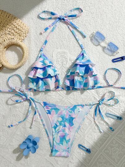 Conjunto de bikini con escote halter, volantes y estampado floral azul y rosa para vacaciones en la playa