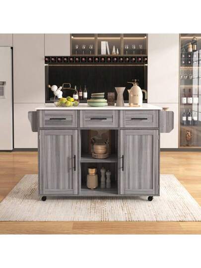 139x46(71)X91.5cm Dining Trolley/Sideboard, Zwart Body Solid Wood Grain Worktop, Fold Down Storage Door, Casters, Replaceable Feet, Room, Kitchen. Serving Trolley/Side Cabinet, Grijs Veneer The Wit Marble ation Cabinet/Fold Worktop/Storage Doors/R view 2