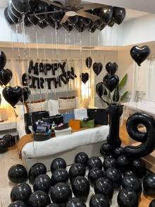 47pcs Black Balloon Birthday Set, Includes Black Happy Birthday Letter Balloons, Black Heart Foil Balloons, And Black Latex Balloons, Suitable For Birthday Party, Adult Ceremony, Photo Booth Backdrop, Anniversary, Baby Shower, Home Decor - Black - View 1