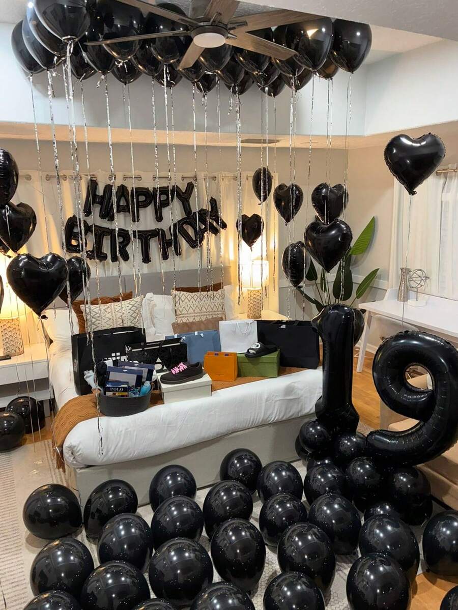 47pcs Black Balloon Birthday Set, Includes Black Happy Birthday Letter Balloons, Black Heart Foil Balloons, And Black Latex Balloons, Suitable For Birthday Party, Adult Ceremony, Photo Booth Backdrop, Anniversary, Baby Shower, Home Decor - Black - View 1