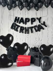 47pcs Black Balloon Birthday Set, Includes Black Happy Birthday Letter Balloons, Black Heart Foil Balloons, And Black Latex Balloons, Suitable For Birthday Party, Adult Ceremony, Photo Booth Backdrop, Anniversary, Baby Shower, Home Decor - Black - View 9