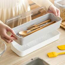 TFKI Plastic Kitchen Drawer Organizer With Lid And Drainer Stackable Utensil Holder For Countertop Silverware Tray Flatware Organizers - 13x4.7x2.4 Inch Spatula Cutlery Storage Box - trong suốt - Xem 3