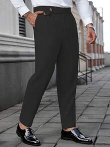 Plus Size Men's Solid Color Waist Button Design Pocket Casual Pants - Black - View 1