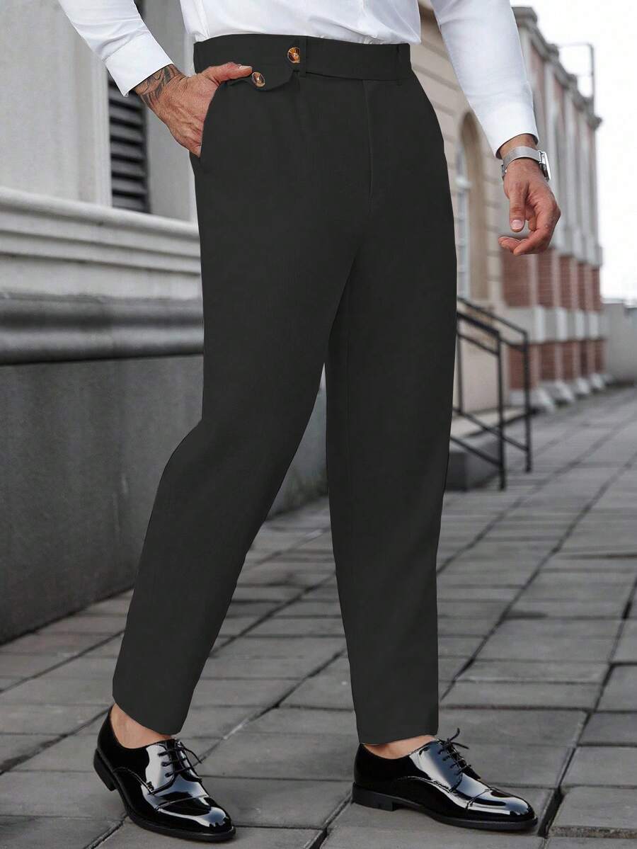 Plus Size Men's Solid Color Waist Button Design Pocket Casual Pants - Black - View 1