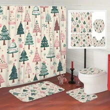 1/4 Piezas Juego de cortina de baño minimalista de árbol de Navidad y copos de nieve de invierno en color verde, de poliéster impermeable y lavable a máquina, adecuado para decorar el baño o la ducha en Navidad, incluye 12 ganchos, alfombra antideslizante y tapa de inodoro con forma de U