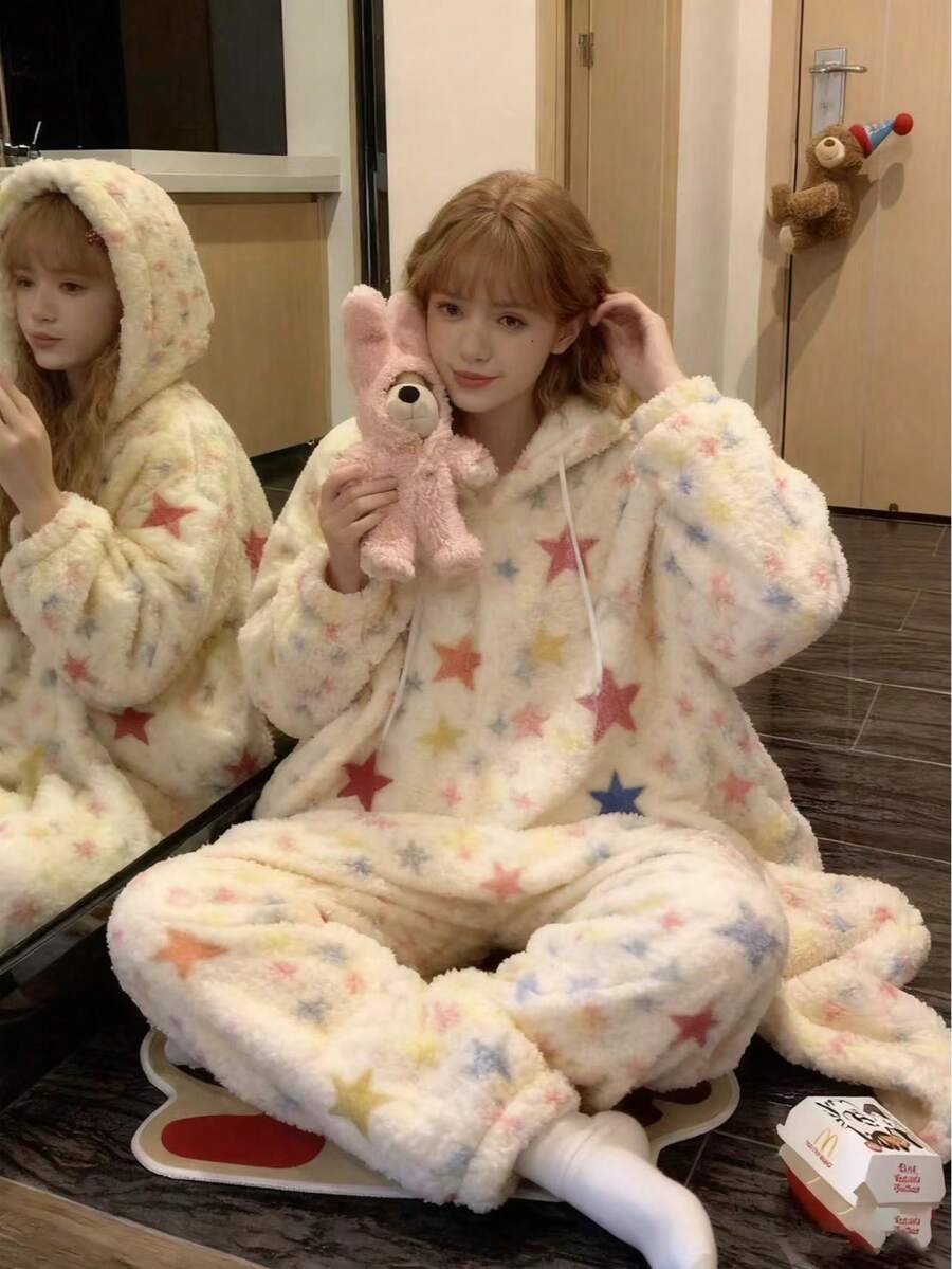 Coral Fleece Hooded Robe Pajama Set For Women, Warm & Cozy For Autumn/Winter - Multicolor - View 1