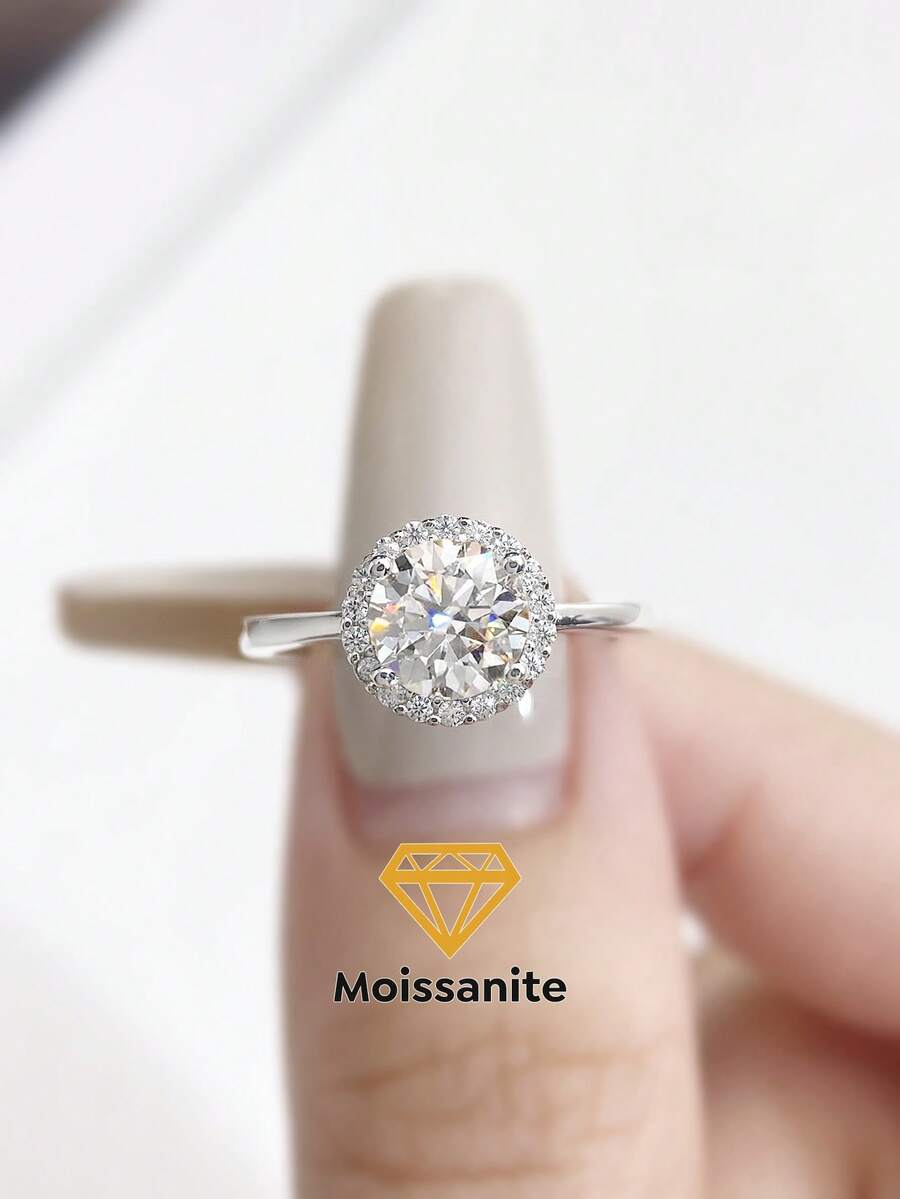 1 Pieza Anillo de boda con 8 garras y forma redonda de 1ct Moissanita deslumbrante, diseño de anillo de diamantes, color D, plata esterlina 925, adecuado para compromiso, esposas, novias, regalos de cumpleaños, regalos de aniversario, joyería fina nupcial