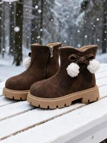 Girls' Boots, Children's Boots, Girls' Suede Ankle Boots, Cute Pom Pom Decor, Warm And Comfortable, Fashionable And Easy To Wear. Girls' School Shoes (Bow Decor In Two Styles, Randomly Shipped) - Brown - View 1