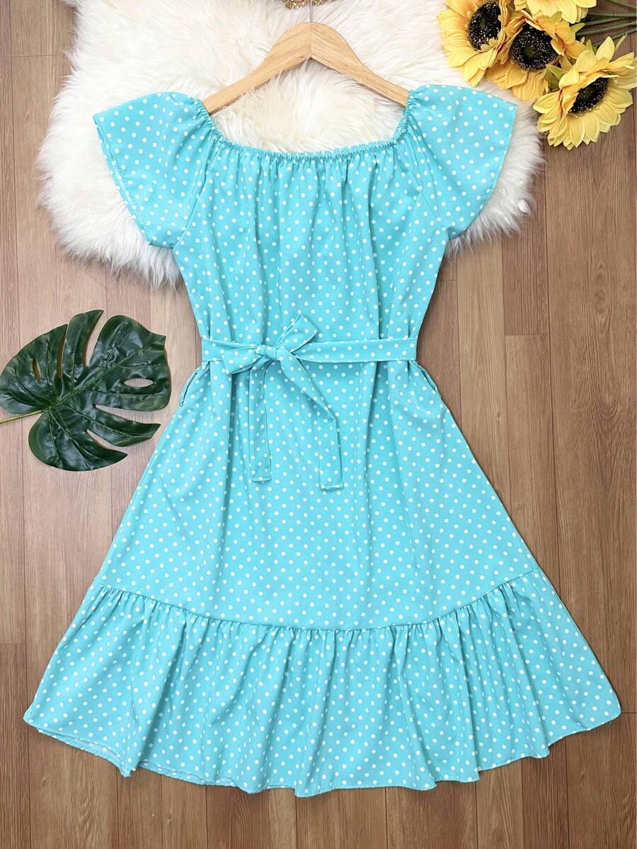 Floral Polka Dot Print With Belt And Ruffled Hem. Beachwear, Women's Fashion. - 水綠色 - 查看 1
