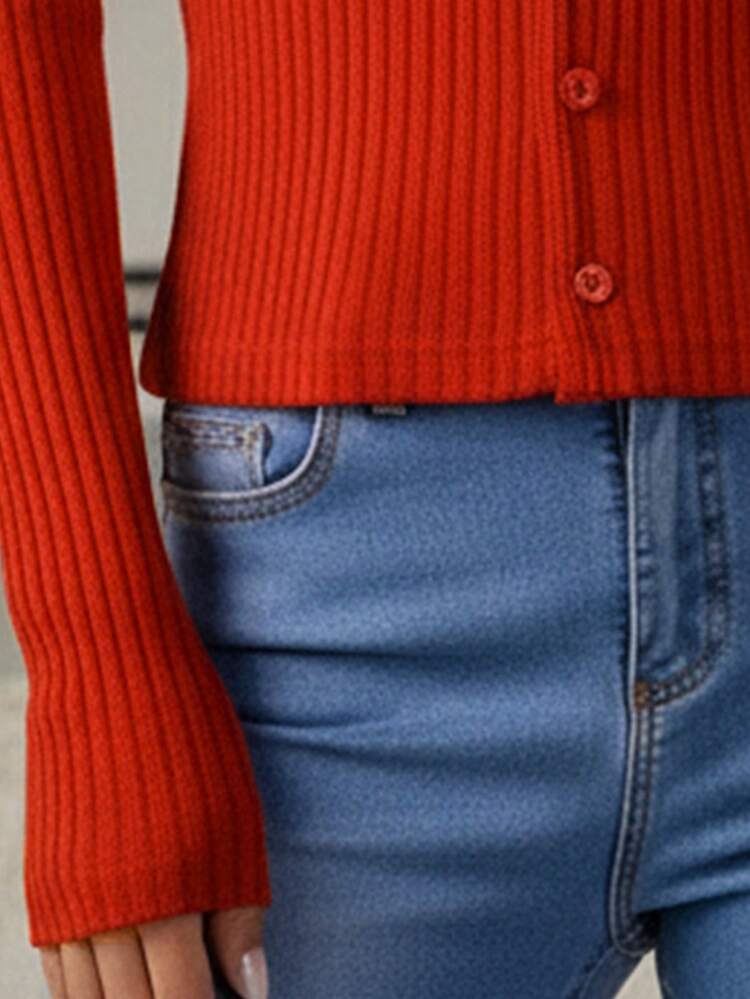 Cárdigan con botones para mujer, cuello redondo, acanalado de punto ajustado - Rojo - Añade 4