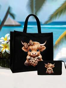 高地牛印花黑色亚麻手提包，可爱蝴蝶结爱心豹纹设计，高地牛图案，大容量化妆包，带提手，圣诞礼物，黑色亚麻零钱包，黑色格子购物袋，化妆包，饰有艺术字母和图案印花，适合女性日常使用，可用作便捷购物袋。教师节感谢礼物，女士大容量亚麻手提包，手提包和化妆包套装 - 彩色 - 查看 8