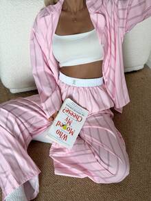 Nina Bonheur 两件套女士宽松舒适透气条纹长袖上衣和裤子睡衣套装，适合居家休闲、秋冬季穿着。 - 粉色 - 查看 7