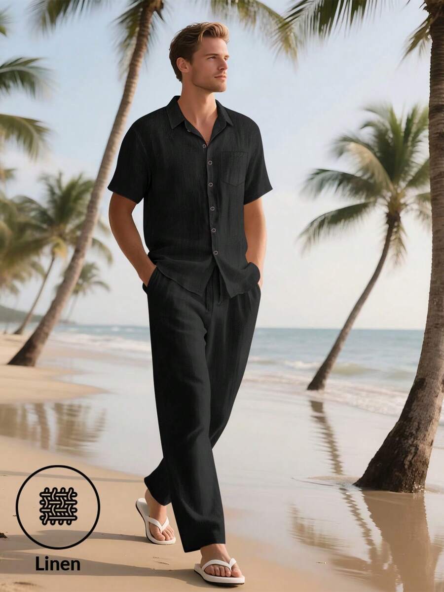 Bộ đồ vải lanh 2 món cho nam, áo sơ mi tay ngắn cài khuy đơn màu trơn và quần âu, trang phục vải lanh nhẹ nhàng, thoải mái cho mùa hè dành cho nam, trang phục ấm áp - màu đen - Xem 1