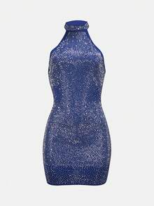 1pc Rhinestone Halter Mini Sexy Bodycon Dress - Blue - View 1