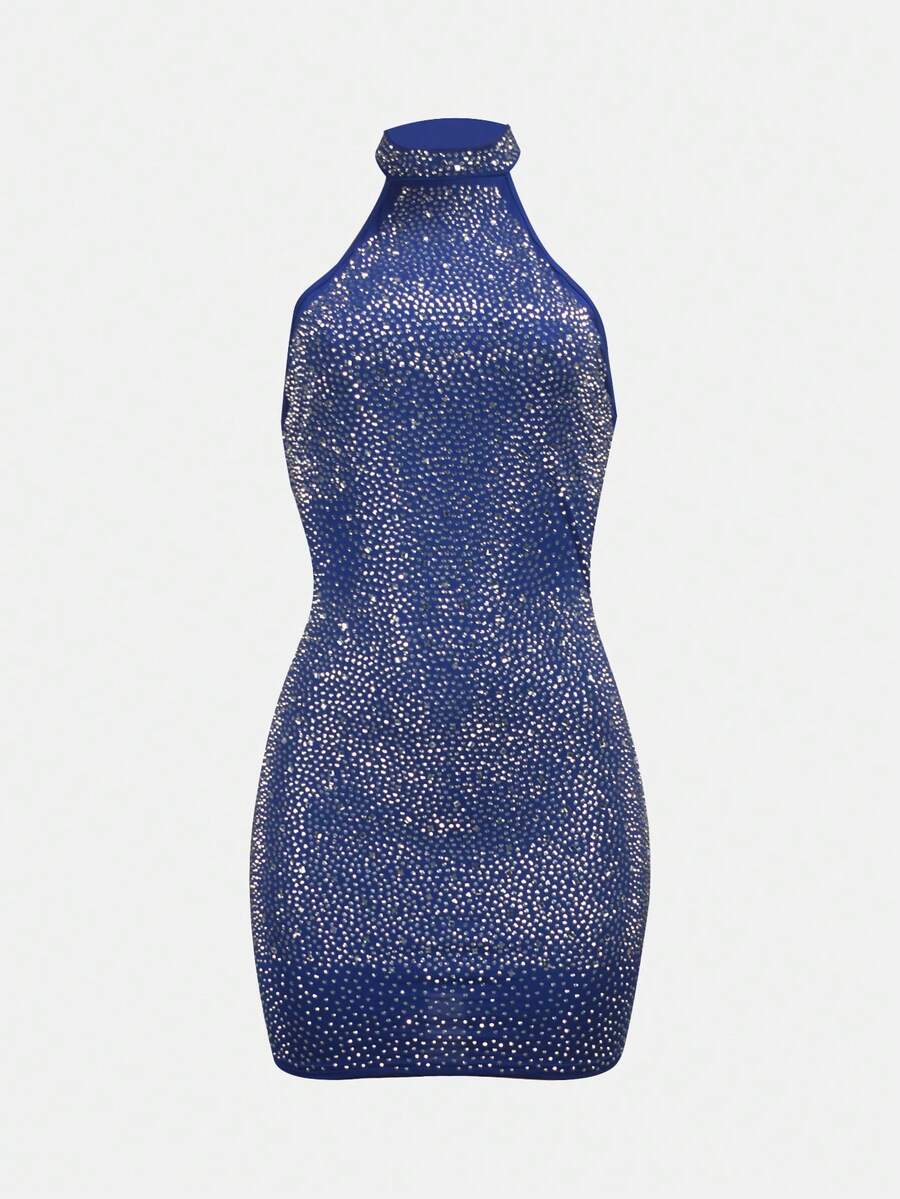 1pc Rhinestone Halter Mini Sexy Bodycon Dress - Blue - View 1