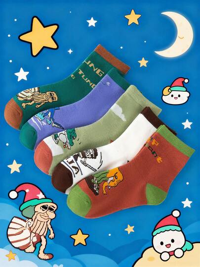 5 Pairs Kids Cute Shark Cartoon Pattern Socks, Breathable Moisture-Wicking, Boys Mid-Calf Socks, Autumn/Winter