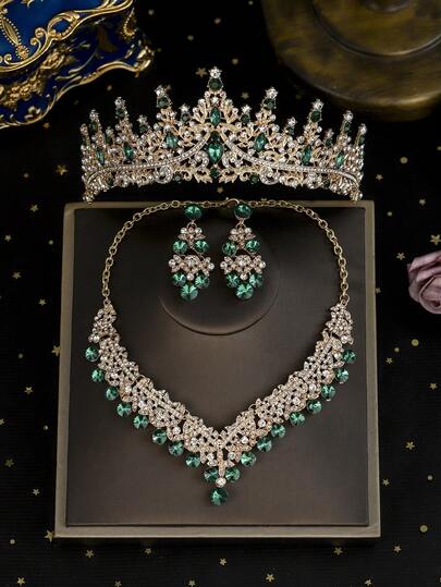 1 Set Bridal Fashion Jewelry Accessories, Includes Rhinestone Crown, Necklace, And Earrings, 4pcs Wedding Jewelry Set, Suitable For Wedding Dress, Gown, Party, And Celebration