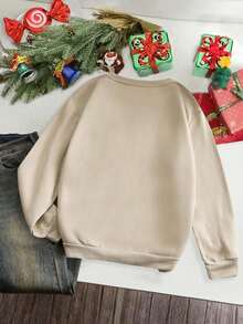 Christmas Outfit Womenhair Accessories For WomenChristmas Cartoon Print Fleece Sweatshirt,Long Sleeve Tops Pullover Fall FitLoose And Comfortablechristmaswoman Winter Clothes - 杏色 - 查看 2