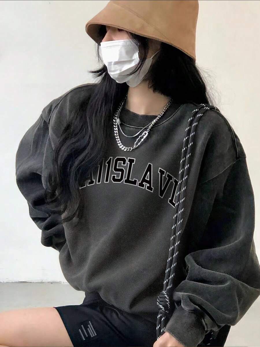 Women's Student Simple Classic Retro American Cotton Black Personalized Washed Y2K Contrast Color Hip Hop Letter Print Loose Casual Daily Round Neck Long Sleeve Sweatshirt, Back To School - Black - View 1