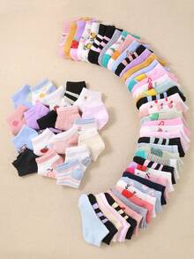 5/10/20 Pairs Kids Ankle Socks, Striped, Heart, Bow, Fruit, Solid Color, Embroidered Patterns, Suitable For Daily Wear/Matching, For Boys & Girls, Breathable, Soft, Comfortable (1-16 Years Old) - Multicolor - View 5