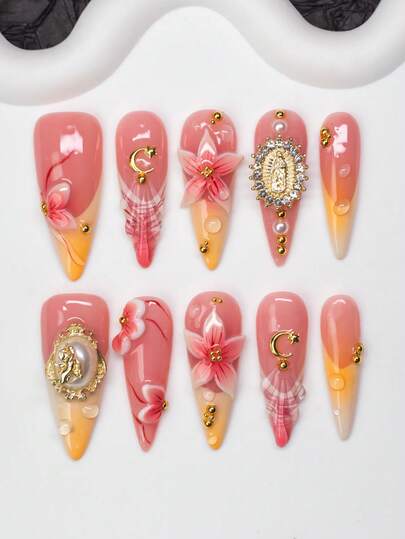 10pcs/Set Handmade Almond-Shaped Y2K Baddie Style Press-On Nails, Nude, Pink, Orange, Pink Shiny Nails With French Tips, Carved Designs, Cross, Moon, Beads, Water Droplets Elements, Suitable For Parties, Dances, Daily Wear, Includes Tool Kit, Great Gift For Women And Girls