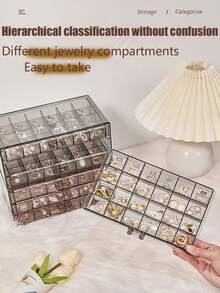 复古风格首饰收纳盒，三抽屉设计，72格大容量塑料桌面整理盒，可收纳戒指、耳环、项链等，是送给女友、母亲和爱人的理想礼物。
