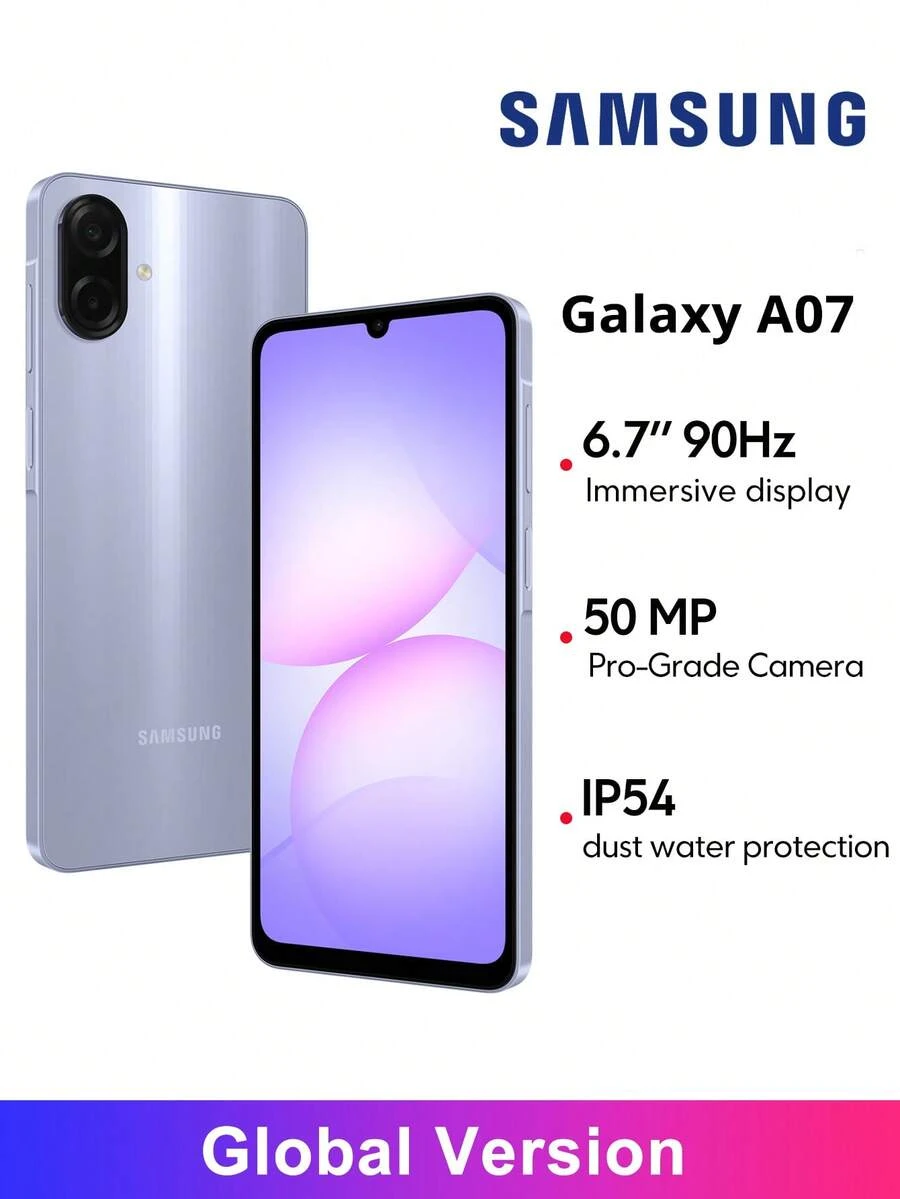 三星 Galaxy A07 4G 智能手机全球版，6.7 英寸沉浸式显示屏，90Hz 刷新率，5000 万像素后置摄像头，最高 10 倍数码变焦，纤薄时尚设计，IP54 防尘防水 *不含充电器，是送给孩子和父母的绝佳圣诞礼物 - 淺紫色 - 查看 1