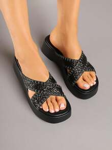Boho Woven Platform Sandals Women Summer Casual Beach Slides - Black - View 4