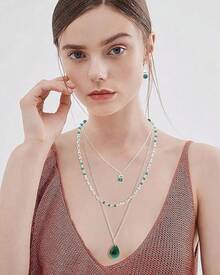 Conjunto de joyería Bocar de 3 capas con collar de cuentas y pendiente de cadena larga para mujer - Verde Oscuro - Ver 8