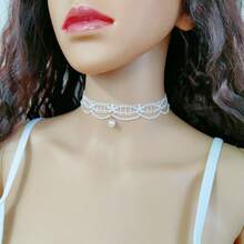 1pc Lace & Pearl Choker Necklace, Gentle Elegant Collar Necklace Chain Suitable For Daily Wear, Vacation, Wedding