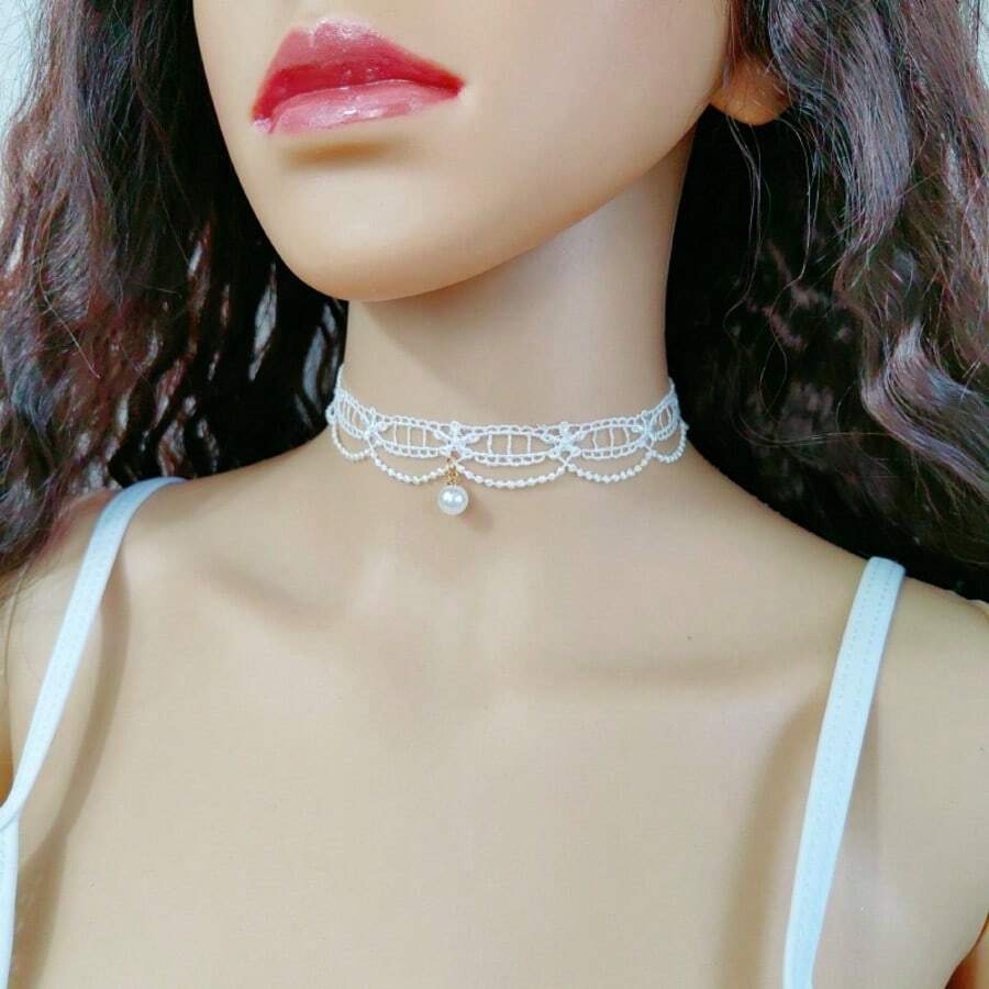 1pc Lace & Pearl Choker Necklace, Gentle Elegant Collar Necklace Chain Suitable For Daily Wear, Vacation, Wedding