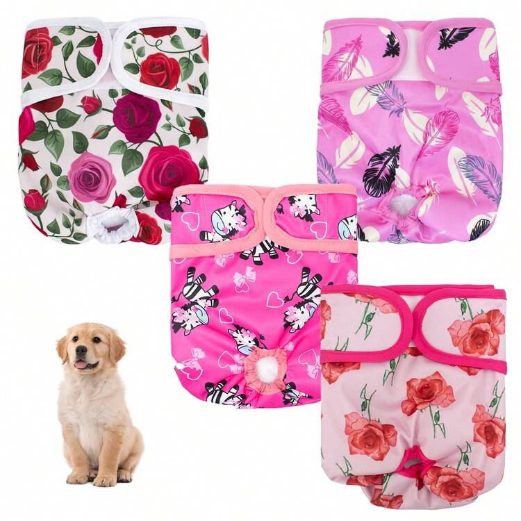 4 piezas de pañales reutilizables para perros con estampado floral, almohadillas para cachorros lavables con correas ajustables, pantalones menstruales para mascotas para incontinencia, alivio del ciclo de calor y entrenamiento para ir al baño - Multicolor - Añade 17
