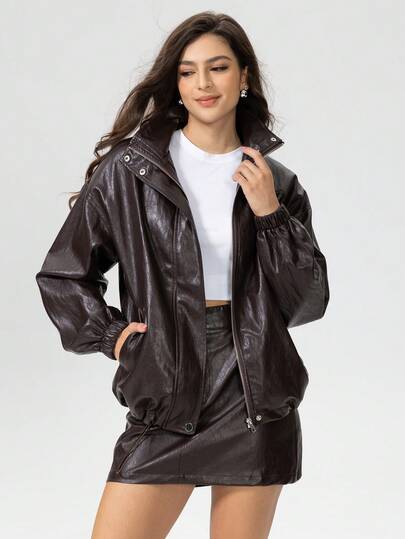 Women's Textured Soft PU Leather Turndown Collar Zip Pocket Oversized Jacket, Fashionable Casual Outerwear For Autumn/Winter