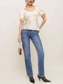Womens Summer Satin Tops Lace Patchwork Short Puff Sleeves V-Neck Blouse With Adjustable Ribbon Ties - 香檳色 - 查看 5