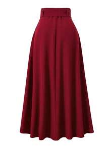 EARO Women's High Waist Slimming Gray Versatile Elegant Loose Daily Commute Casual Design Elastic Waist Adjustable Belt A-Line Skirt - Red - View 2