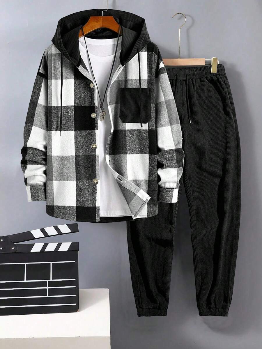 2 Pieces Set Of Tween/Teen Boys Plaid Hooded Shirt Jacket And Corduroy Casual Sweatpants Set, Spring And Autumn - Black - View 1