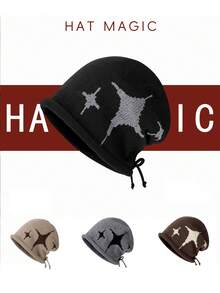 1pc Women's Star Cuffed Drawstring Adjustable Knit Beanie Hat, Autumn/Winter Fashion Warm Ear Protection Comfortable Turban Cap, Suitable For Daily Wear, Gift - A - View 1