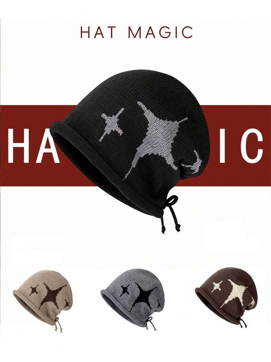 1pc Women's Star Cuffed Drawstring Adjustable Knit Beanie Hat, Autumn/Winter Fashion Warm Ear Protection Comfortable Turban Cap, Suitable For Daily Wear, Gift - A - View 1