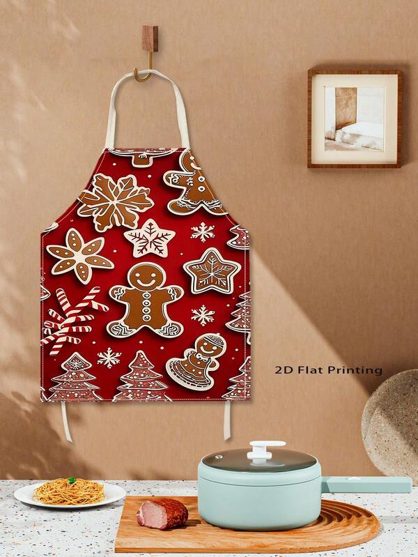 1pc Christmas Gingerbread Apron - 55*68cm Red Polyester, With Snowflake, Tree And Gingerbread Man Design, Suitable For Baking, Home Cleaning, Kitchen And Studio Wear, Gingerbread Christmas Decor